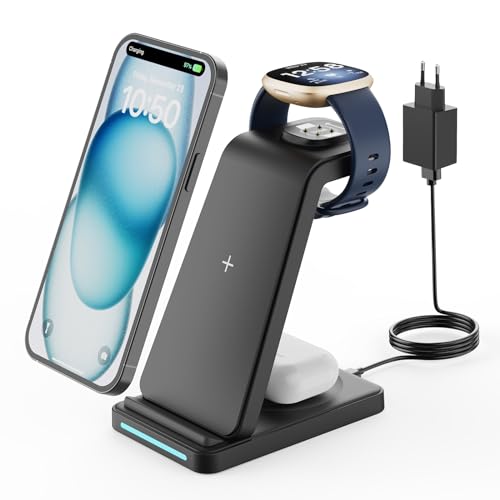 Kabelloses Ladegerät für Fitbit Ladestation - GEEKERA 3 in 1 Ladestation für Fitbit Watch Sense 2/Sense/Versa 4/3, Wireless Charger für iPhone, Samsung, Google Pixel Phones, Androiden, AirPods 3/2 von GEEKERA