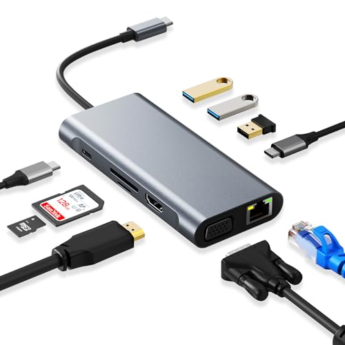 USB C HUB, Docking Station, 10-in-1 USB C Adapter mit 4K-HDMI, VGA, Type C PD, 2*USB 2.0, USB 3.0, USB-C Data, RJ45 Ethernet, SD/TF-Kartenles, kompatibel mit MacBook Pro/Air, More Type C Geräte von GEEKHAVE