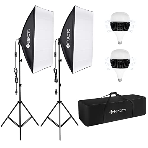 GEEKOTO Softbox Set Fotostudio 50 x 70cm, Dauerlicht Studioleuchte Set mit 2 Softboxlampen E27 85W 5500K, 2m Vollverstellbare Lichtstative für Studio-Porträts, Produktfotografie, Modefotos, usw. von GEEKOTO