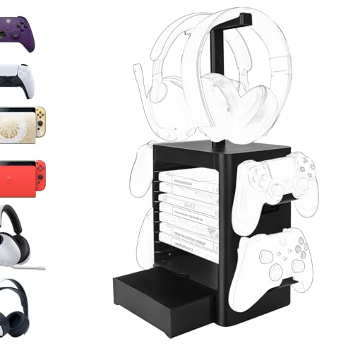 GEEKRIA Multifunction Game Storage Stand Compatible with PS5/PS4/XBOX Series X/Xbox One/Nintendo Switch, Game Disk Rack and Controller/Headset Holder, Universal Desk Game Accessories (Schwarz) von GEEKRIA