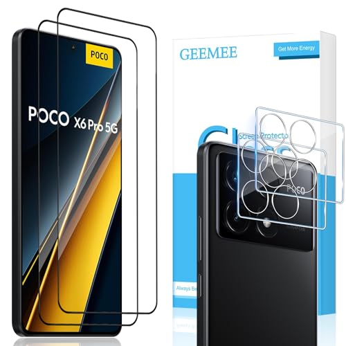 GEEMEE 2 + 2 Stück für Panzerglas für Xiaomi POCO X6 Pro 5G Schutzfolie, Schutzglas Panzerfolie + Kamera Schutzfolie, 9H Härte Glas Folie HD Klar Displayfolie Anti-Kratzen Displayschutzfolie von GEEMEE