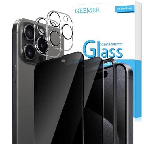 GEEMEE Full Screen Sichtschutz für iPhone 15 Pro Max 6,7 Zoll,【2 Stück+2 Stück】 Anti-Spy für Privacy Panzerglas +Kameraschutz, 9H Härte Bläschenfrei Kratzfest Schutzglas Schutzfolie von GEEMEE