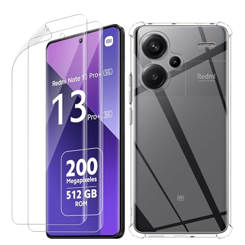 GEEMEE Hülle + 2 Stück Schutzfolie für Xiaomi Redmi Note 13 Pro Plus/Redmi Note 13 Pro+, TPU Handyhülle Anti-Kratzer Bumper Dünn Case Schutzhülle HD Flexibler TPU Folie Blasenfreie Displayschutzfolie von GEEMEE