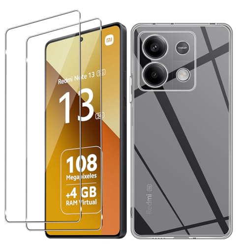 GEEMEE Hülle + 2 Stück für Panzerglas Schutzfolie für Xiaomi Redmi Note 13 5G, Weiche TPU Handyhülle Transparent Anti-Kratzer Bumper Dünn Case Schutzhülle 9H Härte HD Schutzglas Displayschutzfolie von GEEMEE