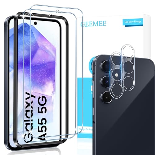 GEEMEE für Samsung Galaxy A55 5G Panzerglas Schutzfolie + Kamera Schutzfolie,【2 Stück +2 Stück】 9H Filmhärte Gehärtetem Schutzglas Hohe Empfindlichkeit Displayschutzfolie von GEEMEE