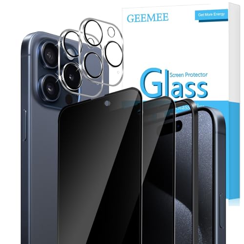 GEEMEE für iPhone 15 Pro 6,1 Zoll Sichtschutz für Panzerglas,【2 +2 Stück】 Schutzfolie +Kameraschutz,9H Film Härte Anti Voyeur Anti-Spähen Privatsphäre Panzerfolie von GEEMEE