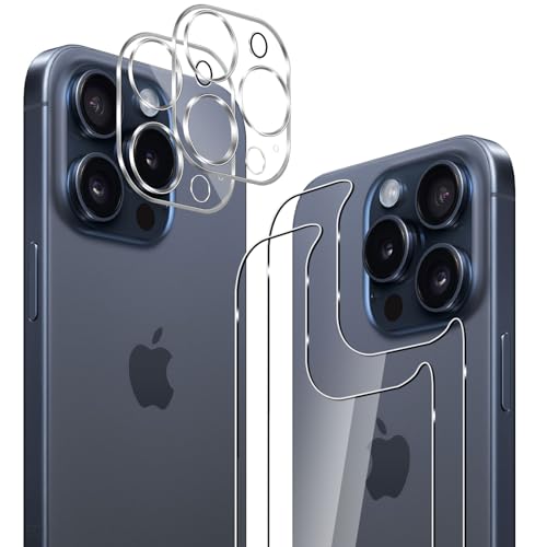 GEEMEE für iPhone 15 Pro Max Hinten für Panzerglas Schutzfolie +Kamera Schutzfolie,【2 Stück +2 Stück】 9H Filmhärte Gehärtetem Schutzglas Hohe Empfindlichkeit Displayschutzfolie von GEEMEE