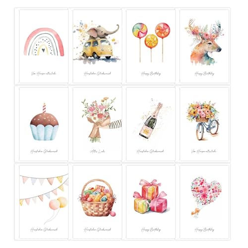 GEHENFRUCHT Dankeskarten Set, 12Pcs Grußkarten Glückwunschkarten zum Geburtstag Happy Birthday Weihnachtsgrußkarte mit Umschlag für Geburtstag Weinachten Dankeskarte für Familie, Freund von GEHENFRUCHT