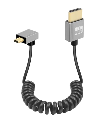 GELRHONR 4K Micro HDMI zu HDMI Spiralkabel, 18Gbps 4K@60Hz Micro Stecker zu Stecker HDMI 2,0 Spiralkabel, für Kameras, Video Capture Karten Hochgeschwindigkeitsübertragung (Down Angle) von GELRHONR