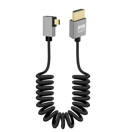 GELRHONR 4K Micro HDMI Spiral Kabel, Kurzes Micro HDMI Stecker zu HDMI Stecker Feder Flexibles Dünnes Kabel, Micro HDMI 90 Grad Kabel 18Gbps 3D 4K@60Hz, für Kamera Video Capture Karte (Left Angle) von GELRHONR