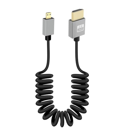 GELRHONR 4K Micro HDMI Spiral Kabel, Kurzes Stecker zu HDMI Stecker Feder Flexibles Dünnes 90 Grad Kabel 18Gbps 3D 4K@60Hz, für Kamera Video Capture Karte (Straight) von GELRHONR