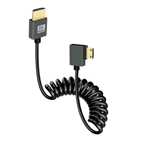 GELRHONR 8K Mini HDMI zu HDMI Spiralkabel, Ultradünnes Mini HDMI Kabel 2,1 Version High Speed 48Gbps, Unterstützung 8K@60Hz 3D, für DSLR Kamera Camcorder, HDTV, Laptop (Right Angle) von GELRHONR