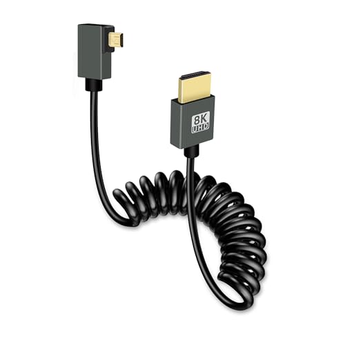 GELRHONR 8k Micro HDMI zu HDMI Spiralkabel, Kurzes Micro HDMI Kabel Feder Flexibles Schlankes Kabel 48Gbps High Speed Unterstützung 3D 8K@60Hz, für Kamera Video Capture Karte, TV (Left Angle) von GELRHONR