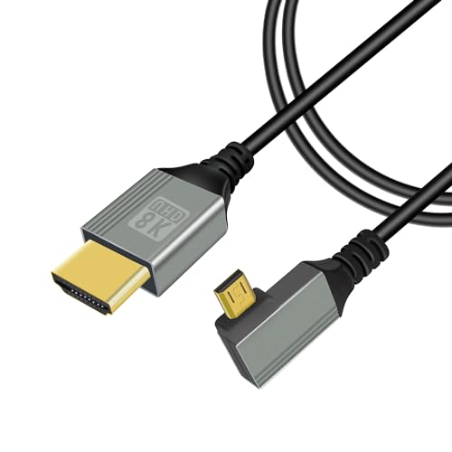 GELRHONR 90Grad Micro HDMI zu HDMI Kabel, 48Gbps Ultra High Speed Micro HDMI Stecker zu HDMI Stecker Adapterkabel Unterstützung 8K@60Hz, 4K@120Hz, für GoPro, kameras (1M Left Angle Micro HDMI) von GELRHONR