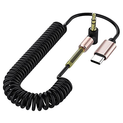 GELRHONR Coiled USB C auf 3,5 mm Audio-AUX-Klinkenkabel, rechtwinkliges 3,5 mm auf Typ C-Federkabel, vergoldetes 90-Grad-3,5-mm-Audiokabel, max. 1,5 m von GELRHONR