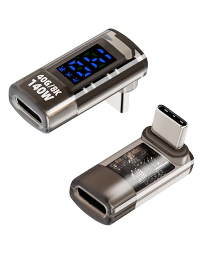 GELRHONR USB C Adapter 90 Grad, 140W Typ C Leistungsmesser mit LED Digitalanzeige, 40Gbps / 8K rechtwinkliger USB C Stecker auf Buchse, für Pad, PC, Laptops, Tablets, Handys, Powerbank (2Pack) von GELRHONR