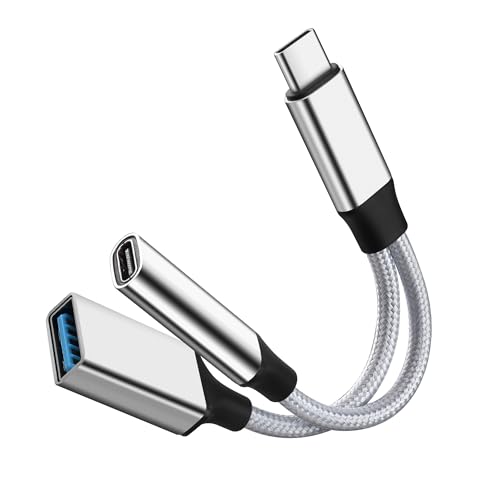 GELRHONR USB C OTG-Ladeadapter, 2 in 1 USB-C-Splitter, kurzes Typ-C-Ladekabel mit USB-Buchse und USB-C-Buchse, für die meisten Typ-C-Telefone, Laptops, Tablets, USB-Lüfter, Drucker (Silber) von GELRHONR