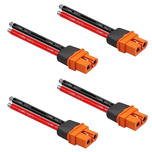 GELRHONR XT60i Stecker Buchse mit Mantel Gehäuse Stecker mit 50 mm Silikondraht, XT60 Pigtail 12AWG Kabel für RC Lipo Batterie FPV Drohne, 4 Stück von GELRHONR