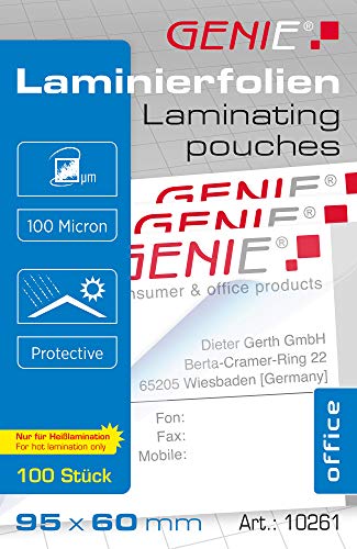 Genie 10261 Laminierfolien (100 Mikron, für bis zu Visitenkarten-Formate, 95 x 60 mm) 100er Pack glasklar von GENIE