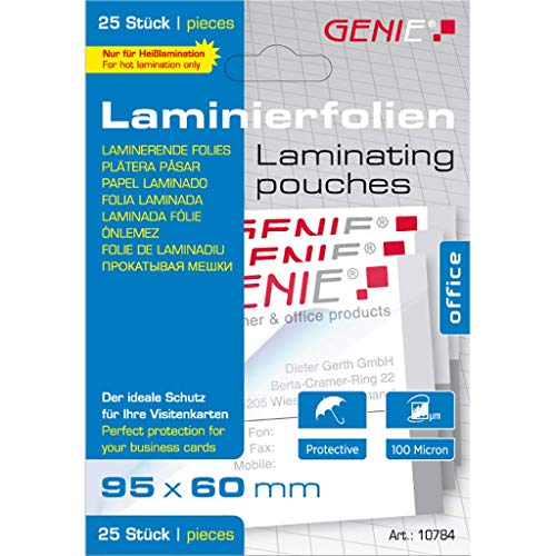 Genie 10784 Laminierfolien (Glasklar; 100 Mikron für bis zu Visitenkarten-Formate; geeignet für alle HeiÃŸlaminiergeräte; 95 x 60 mm) 25er Pack von GENIE