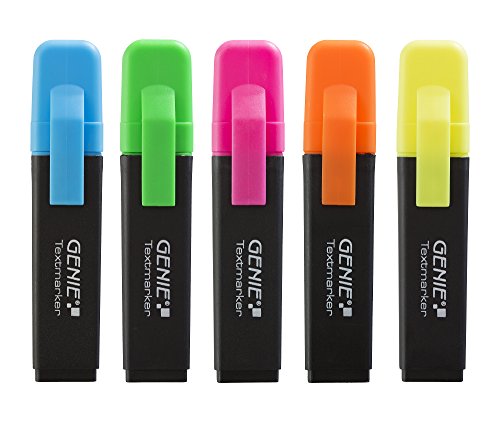Genie 40022 Textmarker je 1 x Neon gelb; orange; Pink; Blau; Grün; mit Keilspitze; 5 er Pack Strichbreite ca. 1 - 5 mm; einzeln Entnehmbar von GENIE