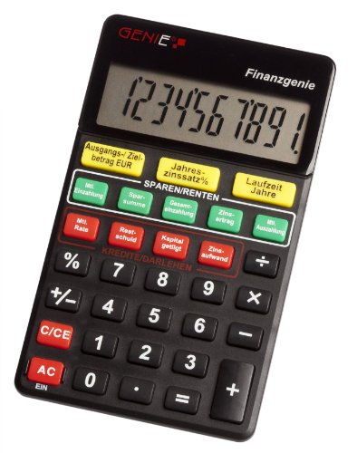 Genie Finanzgenie 10-stelliger Taschenrechner (Knopfdruck zu Zinsen; Laufzeiten; Raten; Ansparungen; Sparsummen) schwarz von GENIE