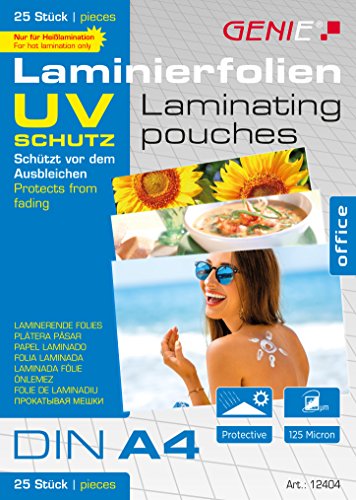 Genie Laminierfolien (DIN A4; mit UV Schutz; 125 Micron; UV beständig - schützt vor Strahlung) 25er Pack von GENIE