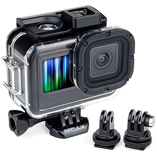 GEPULY 60 m wasserdichtes Gehäuse, super für GoPro Hero9/10/11/12/13, Schwarze Action-Kamera, Unterwasser-Schutz, Tauchgehäuse, gehärtetes Glas, Bildschirm mit 2 Kaltschuh-Adapterhalterungen von GEPULY