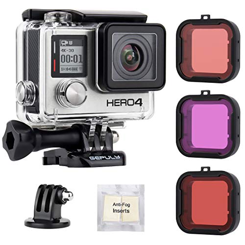 GEPULY Wasserdichtes Standard-Gehäuse mit Tauchfiltern für GoPro Hero 4, Hero 3+, Hero3 Action-Kameras – 40 m Unterwasserfotografie – mit roten, hellroten, magentafarbenen Filtern von GEPULY