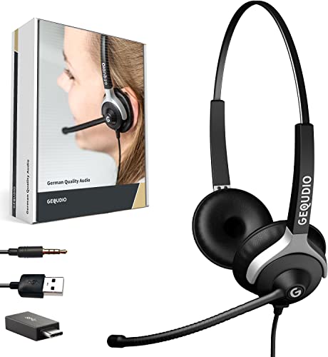 GEQUDIO [3in1] Business Headset mit USB-A, USB-C und 3,5mm Klinke kompatibel mit PC, Mac und Smartphone - Kopfhörer & Mikrofon Ersatz Polster - besonders leicht 80g (2-Ohr) von GEQUDIO