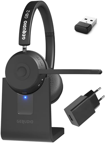 GEQUDIO GB-2 Headset mit Mikrofon Bluetooth | Kopfhörer Kabellos | Passives Noise Cancelling | 2 Geräte gleichzeitig verbinden (Handy, PC, Laptop) | Wireless (mit Ladestation, USB, Netzteil) von GEQUDIO