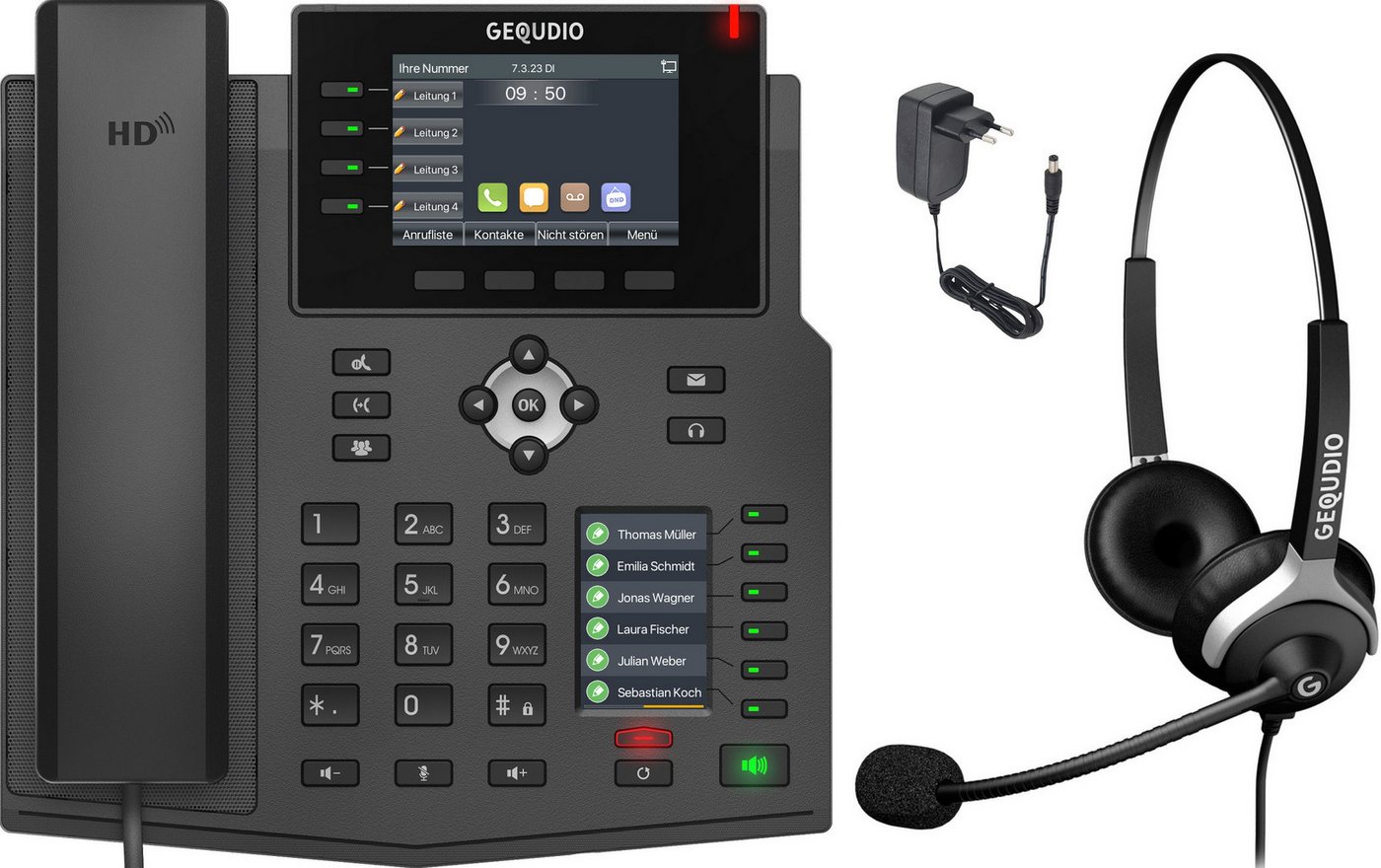 GEQUDIO GX5+ Kabelgebundenes Telefon (IP Tischtelefon mit Netzteil & Headset / 2x Farb-Display / HD Audio) von GEQUDIO