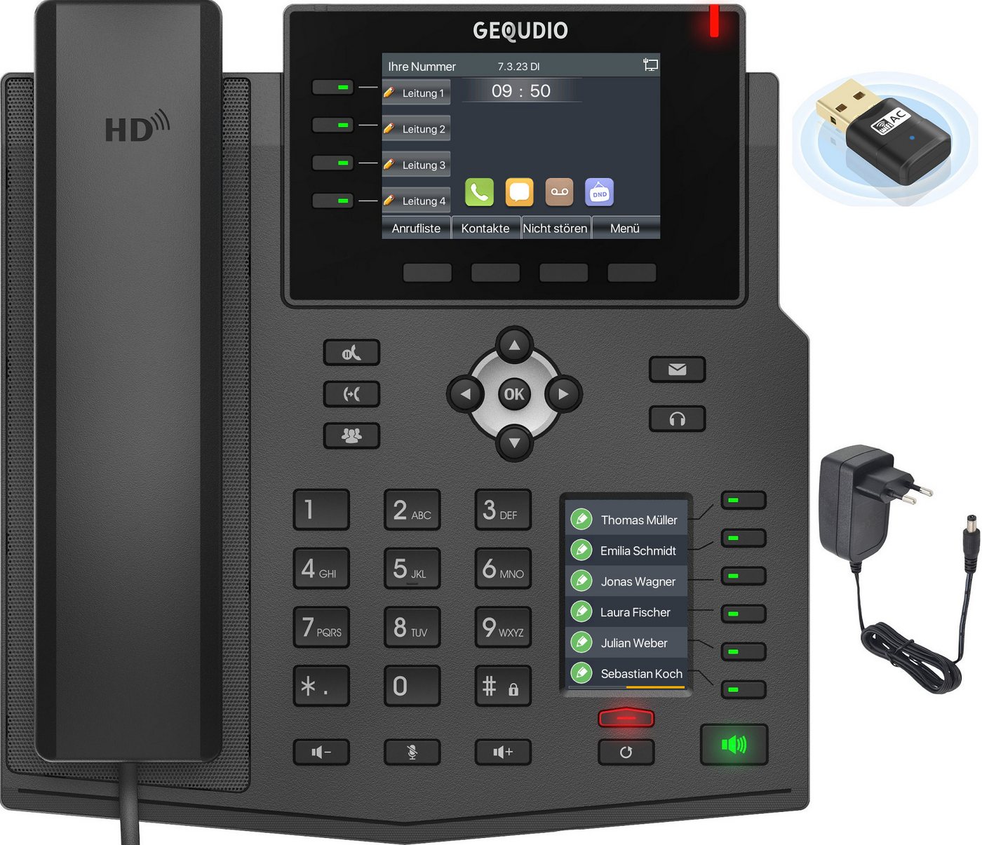 GEQUDIO GX5+ Kabelgebundenes Telefon (IP Tischtelefon mit Netzteil & WLAN Stick / 2x Farb-Display / HD Audio) von GEQUDIO