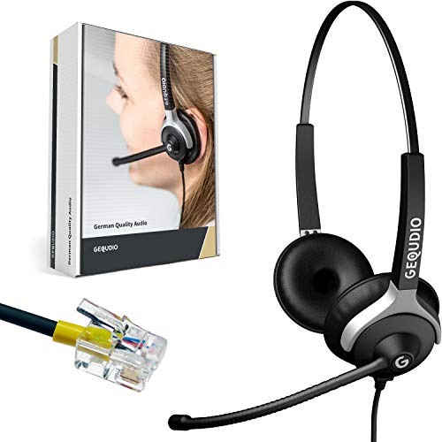 GEQUDIO Headset für GX3+ GX5+ und kompatibel mit Mitel, Aastra, GEQUDIO, Poly/Polycom und Gigaset-RJ Telefon - inklusive RJ Kabel - Kopfhörer & Mikrofon mit Ersatz Polster - leicht 80g (2-Ohr) von GEQUDIO