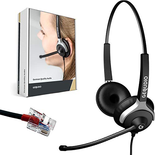 GEQUDIO Headset kompatibel mit Yealink, Snom, Avaya, Grandstream Telefon - inklusive RJ Kabel - Kopfhörer & Mikrofon mit Ersatz Polster - besonders leicht 80g (2-Ohr) von GEQUDIO