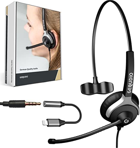 GEQUDIO Headset mit 3,5mm Klinke und Kabel-Adapter kompatibel für iPhone -14-13 -12-11 -X -XS -8-7 -SE (Pro/Max) - Kopfhörer & Mikrofon mit Ersatz Polster - leicht 60g (1-Ohr) von GEQUDIO