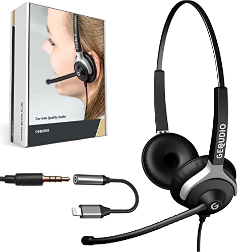 GEQUDIO Headset mit 3,5mm Klinke und Kabel-Adapter kompatibel für iPhone -14-13 -12-11 -X -XS -8-7 -SE (Pro/Max) - Kopfhörer & Mikrofon mit Ersatz Polster - leicht 80g (2-Ohr) von GEQUDIO