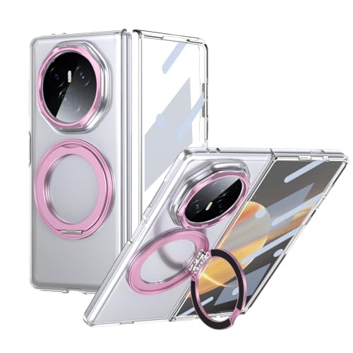 GERHGJUK Handy-Geldbörsenhülle Compatible with Honor Magic V3 Case with Screen Protector, 360°Rotatable Ring Kickstand, Military Grade Shockproof Translucent Protective Case, Crystal Clear(Pink) von GERHGJUK