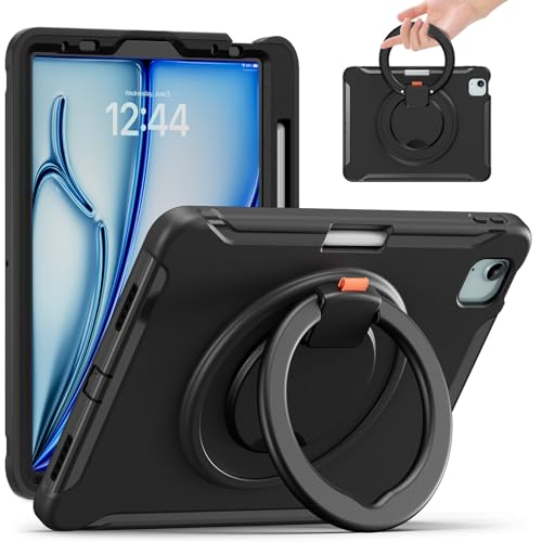 GERHGJUK Tablet PC Hüllen Abdeckung Kompatibel mit iPad Air 11 Zoll (M3 2025 7./M2 2024 6.) Hülle, stoßfeste Hybrid-Schutzhülle mit drehbarem Griff und Ständer, kinderfreundliches Design(Black) von GERHGJUK
