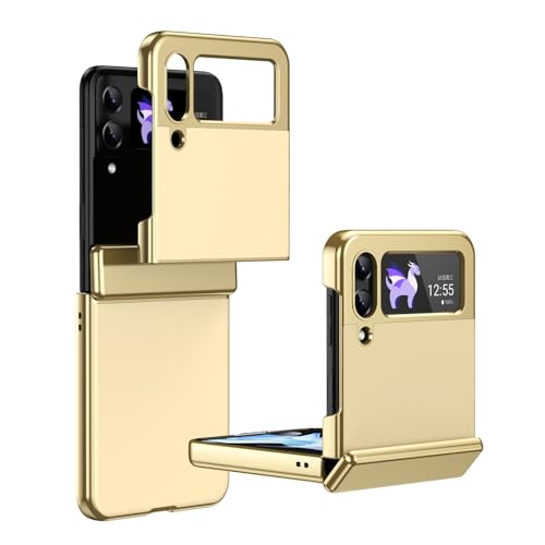 Handy-Geldbörsenhülle Kompatibel mit Samsung Galaxy Z Flip 4 Plating Case mit Displayschutz-Scharnierhülle, Fallschutz, kratzfest und stoßdämpfend – schlankes Design, mattierte Klapphülle(Golden) von GERHGJUK