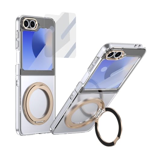 Handy-Geldbörsenhülle Kompatibel mit Samsung Galaxy Z Flip 6 Hülle mit Displayschutzfolie, 360° drehbarem Ringständer, stoßfester, durchscheinender Schutzhülle in Militärqualität, kristallklar(Golden) Handy-Geldbörsenhülle Kompatibel mit Samsung Galaxy Z Flip 6 Hülle mit Displayschutzfolie, 360° drehbarem Ringständer, stoßfester, durchscheinender Schutzhülle in Militärqualität, kristallklar(Golden) von GERHGJUK