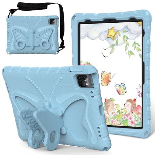 Tablet PC Hüllen Abdeckung Compatible with iPad Air 11inch (M3 2025 7th/M2 2024 6th) Case,Lightweight EVA Kid Friendly Shockproof Protective Case,Shoulder Strap Case Butterfly Kids Case(Light blue) von GERHGJUK