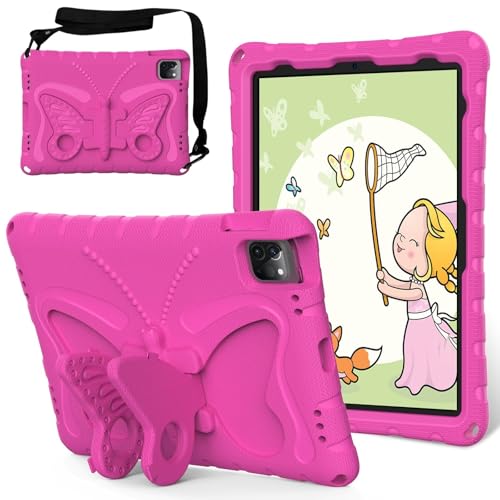 Tablet PC Hüllen Abdeckung Compatible with iPad Air 11inch (M3 2025 7th/M2 2024 6th) Case,Lightweight EVA Kid Friendly Shockproof Protective Case,Shoulder Strap Case Butterfly Kids Case(Rose red) von GERHGJUK