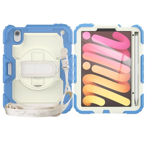 Tablet PC Hüllen Abdeckung Kompatibel mit iPad Mini 7 Hülle (A17 Pro) 2024/ Mini 6 8,3″, robuste, stoßfeste TPU-Hülle, Schutzhülle mit Displayschutzfolie, 380° drehbarer Ständer + Handschlaufe + Schul von GERHGJUK