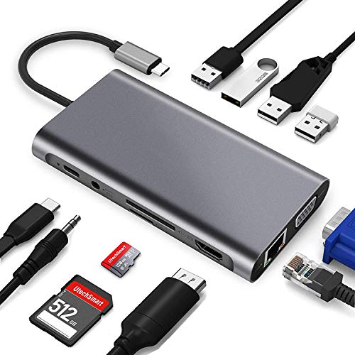 USB C HUB, Docking Station, 11-in-1 USB C Adapter mit 4K-HDMI, VGA, USB 3.0 Port, Type C PD, Ethernet RJ45 Port, SD/TF-Kartenles, 3.5mm AUX, Kompatibel für MacBook Pro/Air USB C HUB, Docking Station, 11-in-1 USB C Adapter mit 4K-HDMI, VGA, USB 3.0 Port, Type C PD, Ethernet RJ45 Port, SD/TF-Kartenles, 3.5mm AUX, Kompatibel für MacBook Pro/Air von GERUI