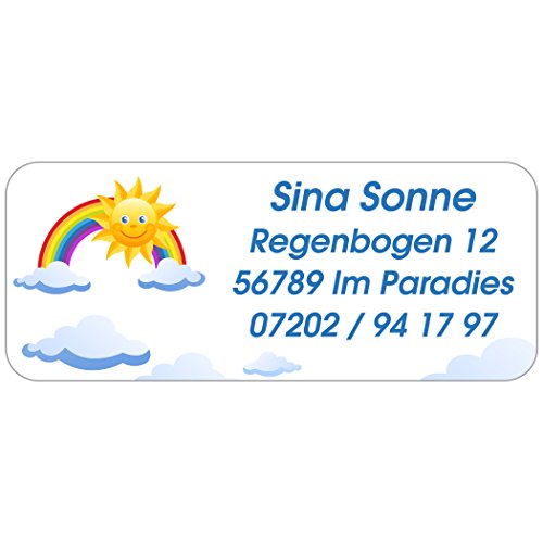 Kinder-Etiketten - Adress-Aufkleber "Sonne" mit Ihrem Wunschtext, 160 Stück, ca. 56 x 23 mm, für 1 bis 5 Zeilen Text | Wunschtext nach der Bestellung per Mail mitteilen von GESCHENKE-MIT-NAMENde