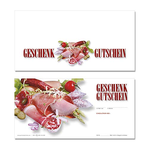 GESCHENKGUTSCHEINcom 100 Stk. Geschenkgutscheine für Format DIN-Lang. Gutscheine für Metzgerei Fleischhauerei Fleisch- und Wurstwaren. M9212 von GESCHENKGUTSCHEINcom by POS-HAUER