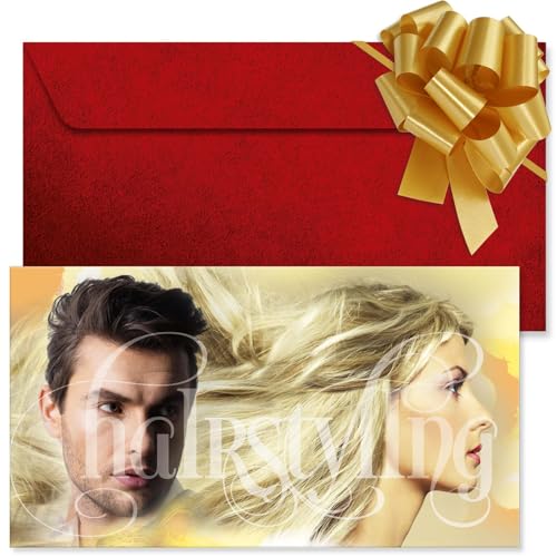 GESCHENKGUTSCHEINcom. 100 Formulare zum Erstellen eigener Gutscheine + Kuvert + Schleife, für Friseursalon Friseurzubehör Unternehmen. K12622-100-V1 von GESCHENKGUTSCHEINcom by POS-HAUER