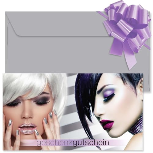 GESCHENKGUTSCHEINcom. 100 Formulare zum Erstellen eigener Gutscheine + Kuvert + Schleife, für Friseursalon Friseurzubehör Unternehmen. K12652-100-V1 von GESCHENKGUTSCHEINcom by POS-HAUER