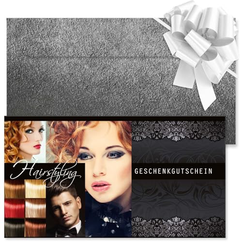 GESCHENKGUTSCHEINcom. 100 Formulare zum Erstellen eigener Gutscheine + Kuvert + Schleife, für Friseursalon Friseurzubehör Unternehmen. K12722-100-V1 von GESCHENKGUTSCHEINcom by POS-HAUER